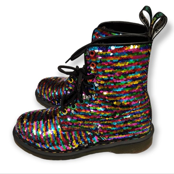 Dr Doc Martens Pascal Boots Sequin Rainbow / Silver Moto Size 5 UK / 7 Women's - Picture 6 of 12